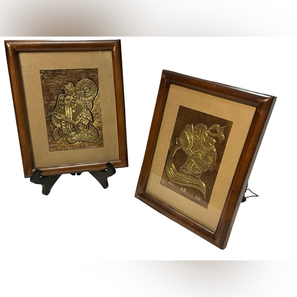 2 Vintage Relief Copper Art Tiles Muses Merriment Lute God Wine Carafe Mythology